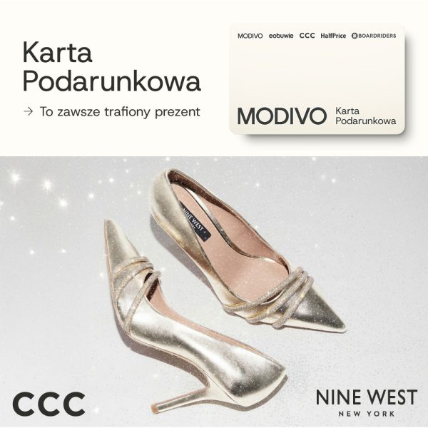 Obraz przedstawiający kartę podarunkową modivo w górnej części, a w dolnej dwa buty damskie szpilki i logotypy ccc oraz nine west