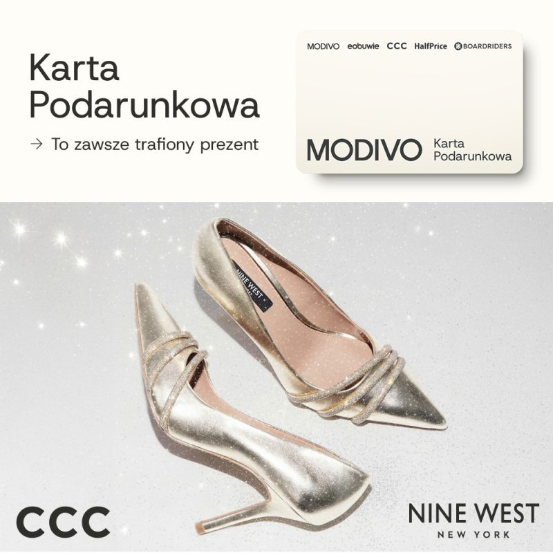 Obraz przedstawiający kartę podarunkową modivo w górnej części, a w dolnej dwa buty damskie szpilki i logotypy ccc oraz nine west