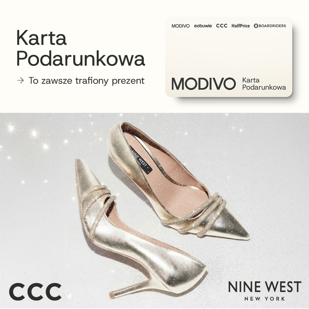 Obraz przedstawiający kartę podarunkową modivo w górnej części, a w dolnej dwa buty damskie szpilki i logotypy ccc oraz nine west