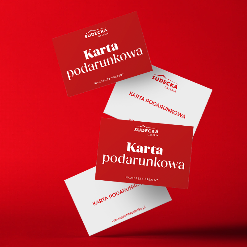 wizualizacja prostokątnej karty podarunkowej, z jednej strony czerwona z logiem galeria sudecka i napisem karta podarunkowa, a z drugiej strony biała z logiem galeria sudecka, napisem karta podarunkowa i adresem strony www