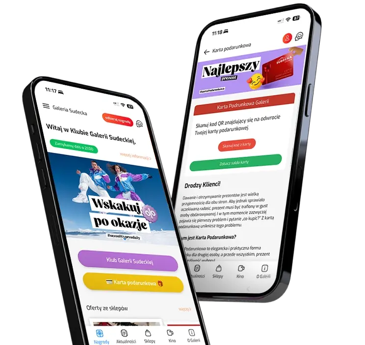 Wizualizacja aplikacji galeria sudecka na dwóch telefonach marki apple