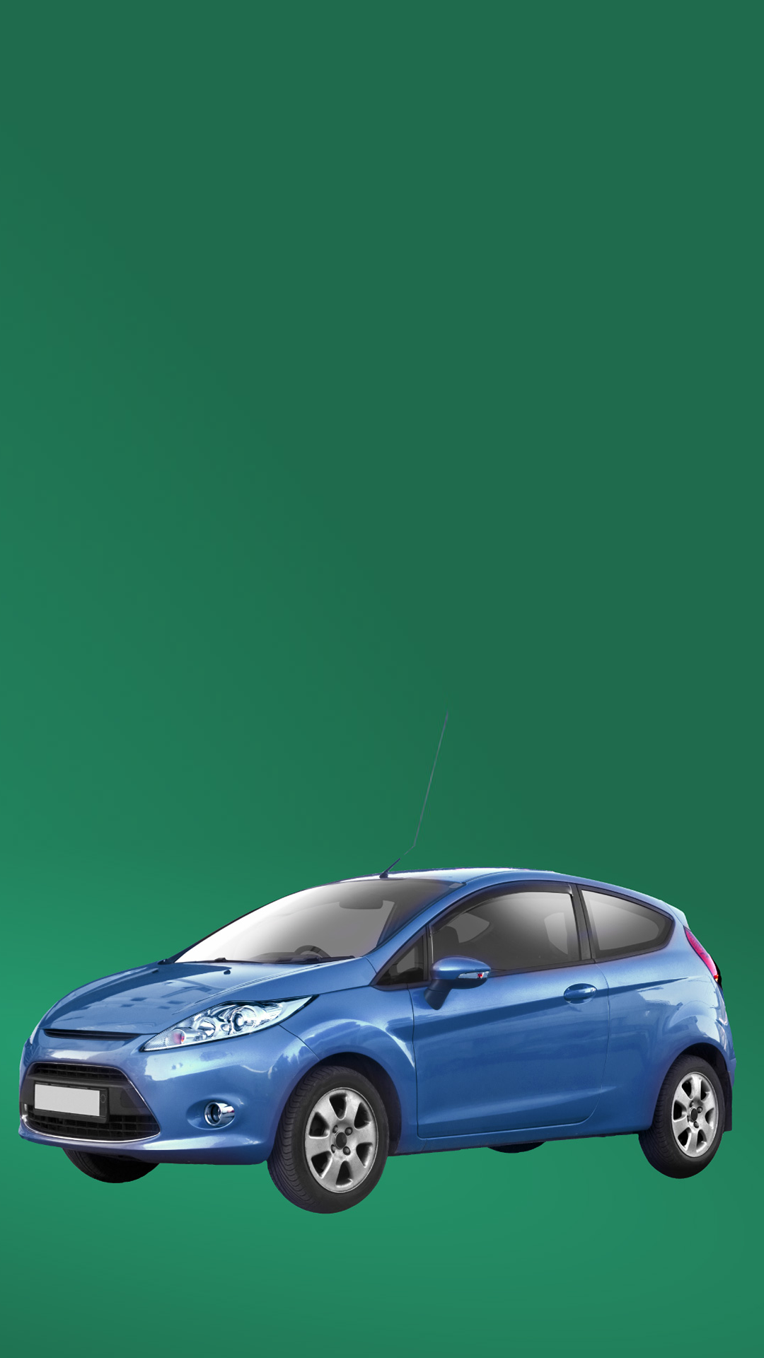 Auto marki ford niebieskiego koloru na zielonym tle.