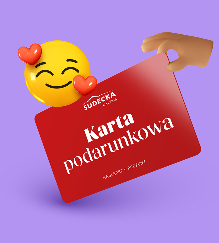 Żółta ikona emoji z serduszkami, a obok wizualizacja karty podarunkowej galerii sudeckiej. Grafika na fioletowym tle.